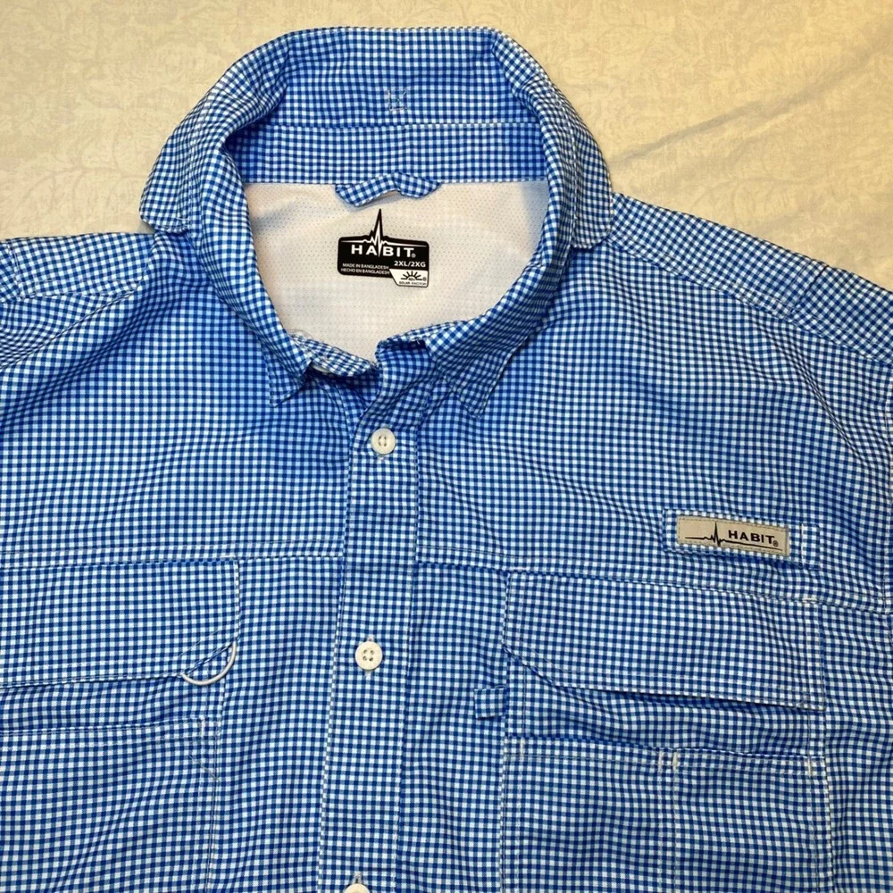 Habit River Guide Fishing Shirt Men's 2XL Blue Check Long Sleeve UPF‎ 40+